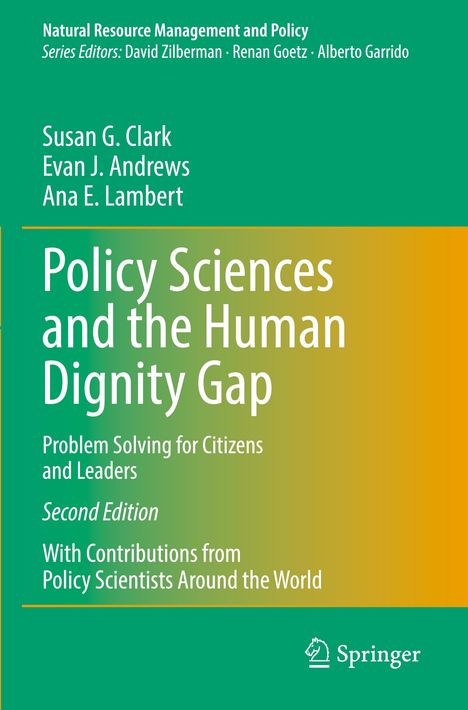"Policy Sciences and the Human Dignity Gap" in großen Buchstaben, grün-gelber Hintergrund, Springer-Logo unten.