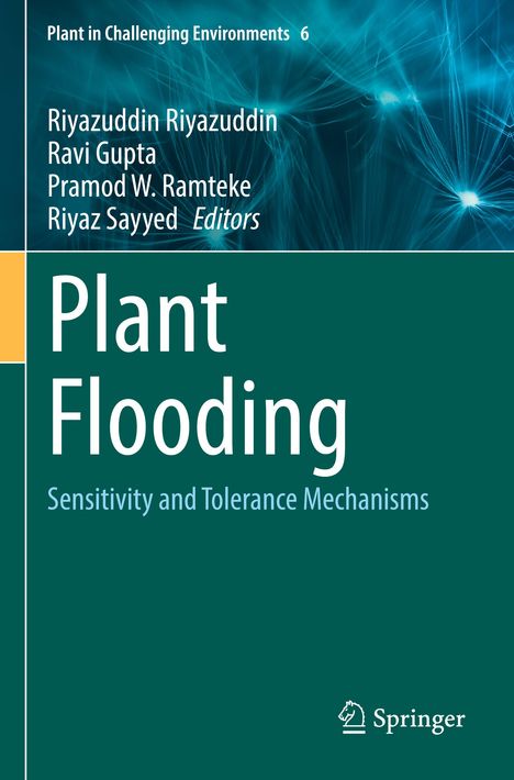 "Plant Flooding: Sensitivity and Tolerance Mechanisms" von Riyazuddin Riyazuddin et al. mit einem abstrakten, blauen Hintergrund.
