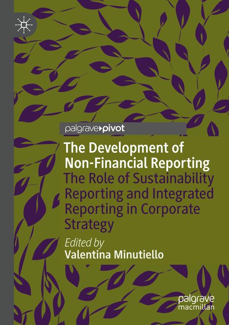 Ein Buchcover mit dem Titel "The Development of Non-Financial Reporting". Lila Blätter auf olivgrünem Hintergrund.
