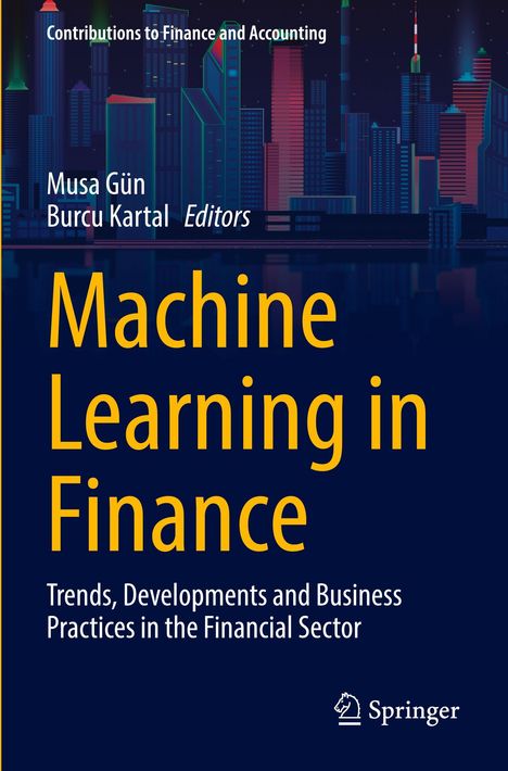 Text: "Machine Learning in Finance", "Trends, Developments and Business Practices", mit Stadt-Silhouette im Hintergrund.