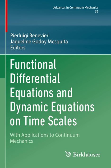 Titel: Functional Differential Equations and Dynamic Equations on Time Scales. Blau-grüne Farbverläufe, Verlagslogo.