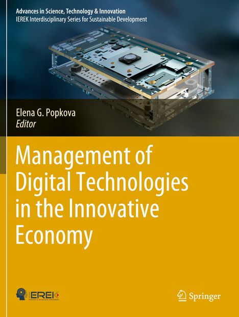 „Management of Digital Technologies in the Innovative Economy“ steht groß auf gelbem Hintergrund, Platinenabbildung oben.