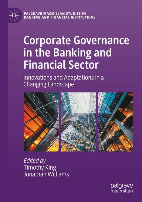 Buchtitel „Corporate Governance in the Banking and Financial Sector“, violette Gestaltung, moderne Gebäudefotos.