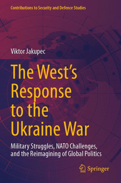 Text: "The West’s Response to the Ukraine War" steht in Gelb. Hintergrund: Weltkarte in violetten Tönen. Springer-Logo.