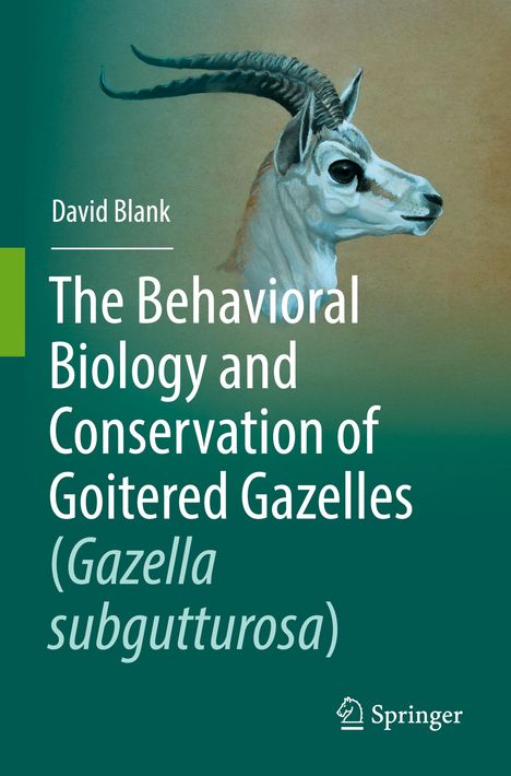Text: "David Blank. The Behavioral Biology and Conservation of Goitered Gazelles (Gazella subgutturosa)." Illustration einer Gazellenkopf.