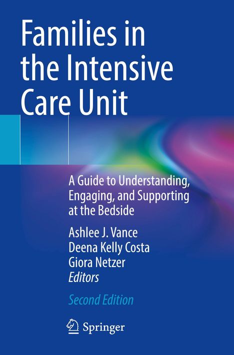 Buchtitel: "Families in the Intensive Care Unit". Hintergrund in Blau mit farbigen, verschwommenen Wellen.