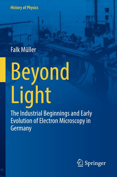 „History of Physics“, „Falk Müller“, „Beyond Light“. Blaues Cover mit wissenschaftlichen Geräten im Hintergrund.