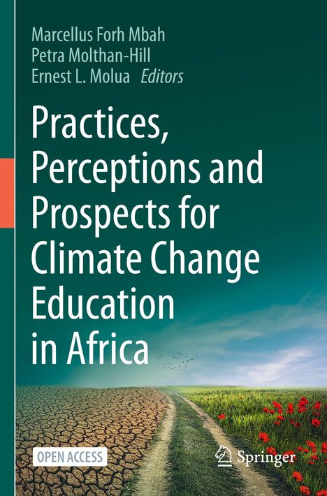 Buchtitel: "Practices, Perceptions and Prospects for Climate Change Education in Africa". Ein Feld halb trocken, halb blühend.
