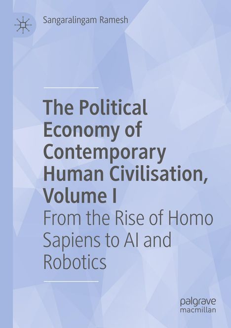 Text: The Political Economy of Contemporary Human Civilisation, Volume I. Blaues geometrisches Hintergrundmuster.