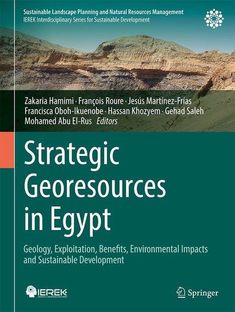 "Strategic Georesources in Egypt" steht vor einem Foto von Felsen. Oben sind die Herausgeber gelistet. Logos von IEREK und Springer.
