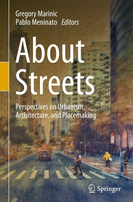 Cover eines Buches mit Titel "About Streets", darunter eine Stadtszene in impressionistischem Stil mit Fußgängern.