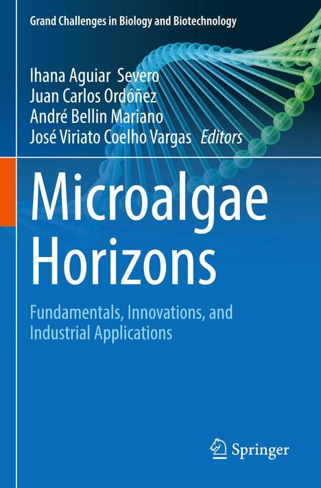 Text: "Microalgae Horizons". Darstellung einer blauen DNA-Helix und einem Logo unten rechts.