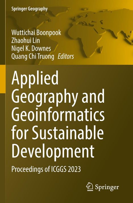 Titel: "Applied Geography and Geoinformatics for Sustainable Development". Hintergrund: Reliefkarte der Welt in Braun.