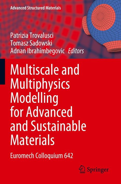 Titel: Multiscale and Multiphysics Modelling for Advanced and Sustainable Materials. Autoren: Patrizia Trovalusci, Tomasz Sadowski, Adnan Ibrahimbegovic. Rotes und blaues geometrisches Muster.
