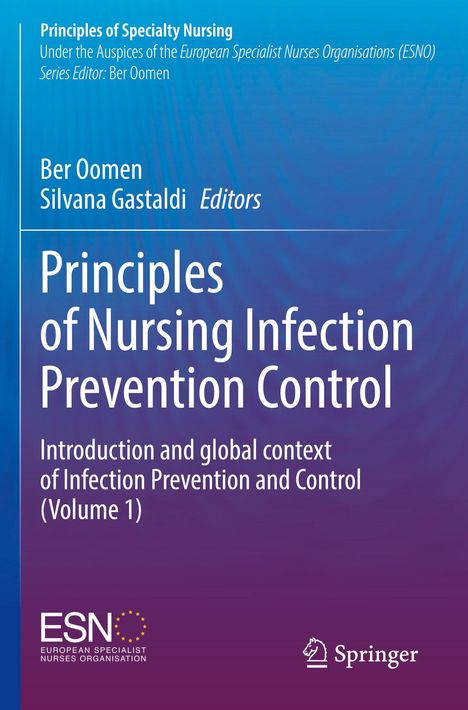 "Principles of Nursing Infection Prevention Control" auf blauem Hintergrund mit Logos der ESNO und Springer unten.