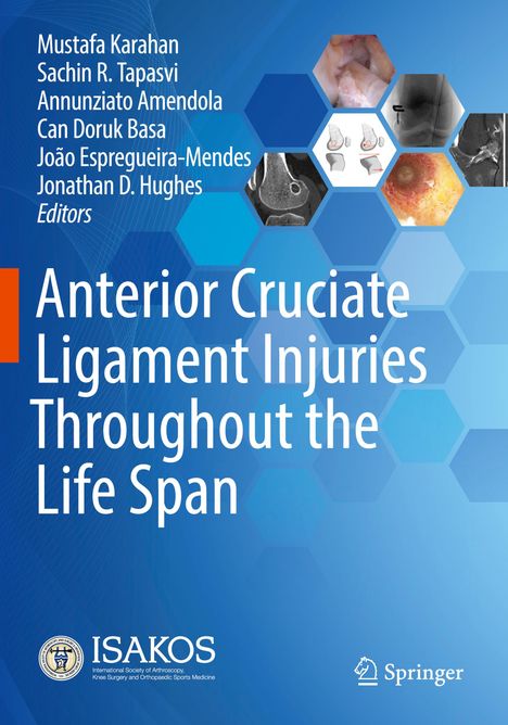 Titel: "Anterior Cruciate Ligament Injuries Throughout the Life Span." Blaue Hexagone mit medizinischen Bildern, ISAKOS Logo.