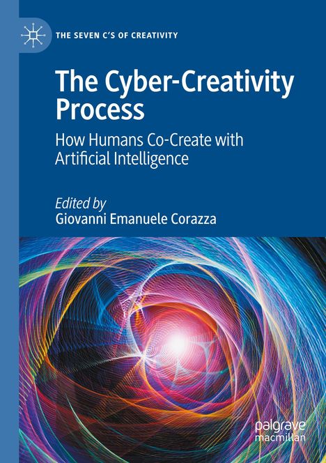 "The Cyber-Creativity Process" steht oben, darunter bunte, wirbelnde Linien mit Fokus auf einen leuchtenden Punkt.