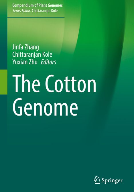 Buchtitel "The Cotton Genome" mit Editoren Jinfa Zhang, Chittaranjan Kole, Yuxian Zhu auf grünem Hintergrund.