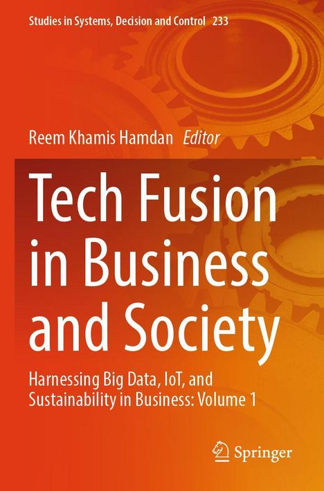"Tech Fusion in Business and Society" von Reem Khamis Hamdan. Hintergrund in Orange mit Zahnräder-Design. Springer-Logo unten.