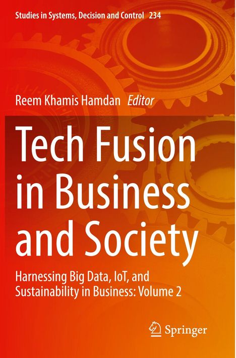 "Tech Fusion in Business and Society", roter Hintergrund mit Zahnrädern, Springer-Logo unten rechts.