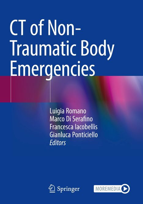 Buchtitel: "CT of Non-Traumatic Body Emergencies" mit Namen der Herausgeber. Blauer Hintergrund mit farbigen Akzenten.