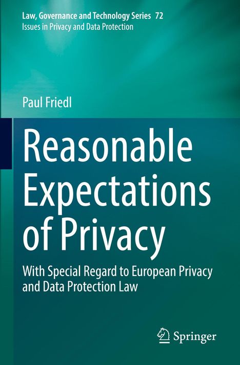 Buchcover mit türkisfarbenem Hintergrund. Titel: "Reasonable Expectations of Privacy". Autor: Paul Friedl. Springer-Logo.