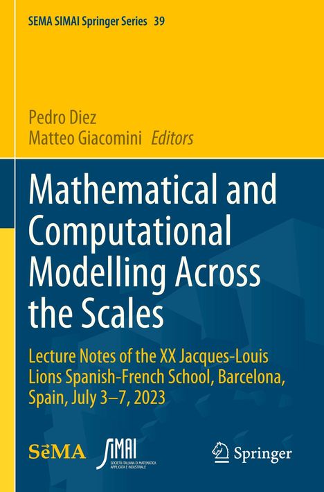 Titel: "Mathematical and Computational Modelling Across the Scales". Gelbe und blaue Buchgestaltung.