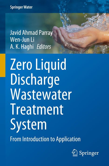 Titel: "Zero Liquid Discharge Wastewater Treatment System". Hände halten fließendes Wasser auf blauem Hintergrund.