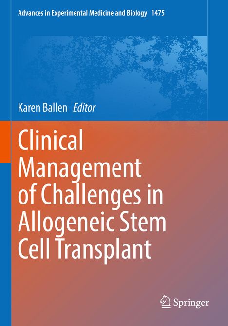 Titel: "Clinical Management of Challenges in Allogeneic Stem Cell Transplant". Buchtitel mit blaue und orange Farbgestaltung.