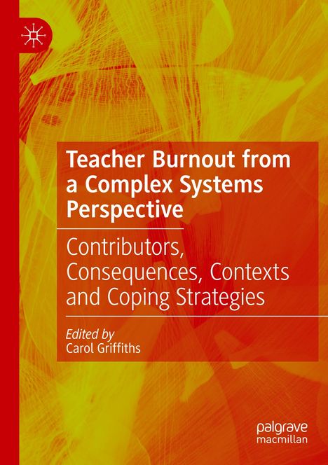"Teacher Burnout from a Complex Systems Perspective" vor gelbem abstraktem Hintergrund, unten rechts Logo von Palgrave Macmillan.