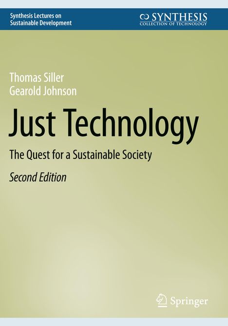 "Just Technology: The Quest for a Sustainable Society, Second Edition" steht auf einem grünen Hintergrund.