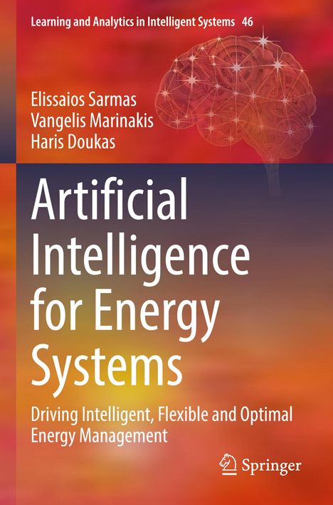 Buchtitel: "Artificial Intelligence for Energy Systems". Autoren: Elissaios Sarmas, Vangelis Marinakis, Haris Doukas. Farbverlauf orange-rot, Gehirn-Illustration.