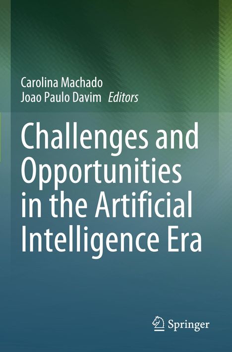 Buchtitel: "Challenges and Opportunities in the Artificial Intelligence Era". Grüne, abstrakte Hintergrundgestaltung.