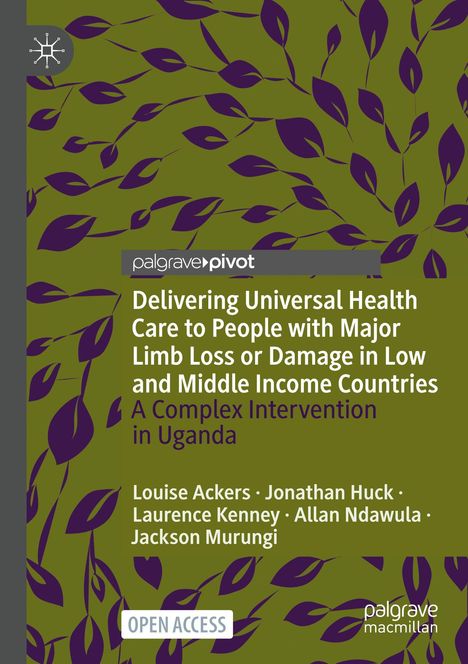 Titel und Autoren über universelle Gesundheitsversorgung in Uganda. Grüne Blätter auf dunkelviolettem Hintergrund.