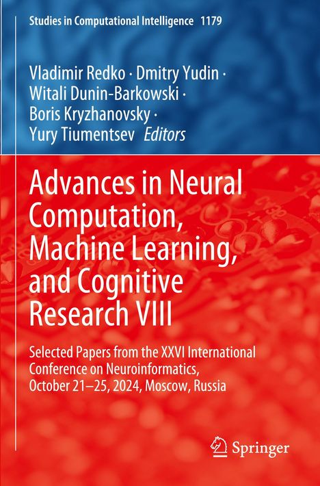 "Advances in Neural Computation, Machine Learning, and Cognitive Research VIII", rote und blaue abstrakte Muster, Springer-Logo.