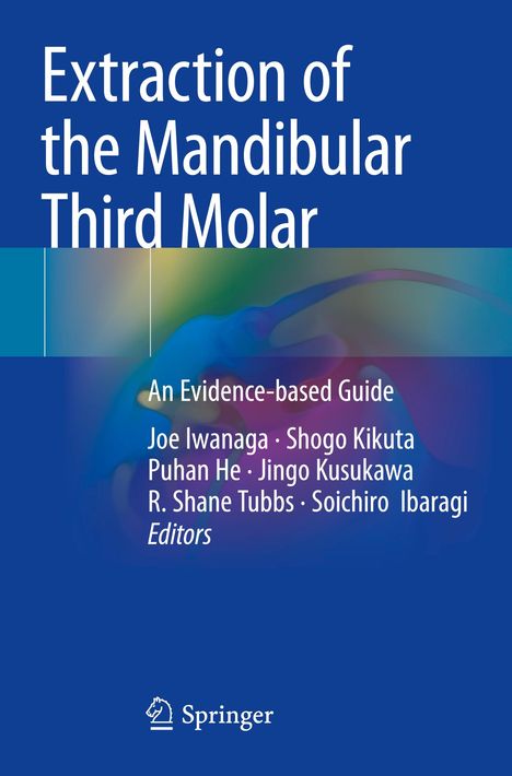 Text: "Extraction of the Mandibular Third Molar: An Evidence-based Guide." Unten bunte Illustrationen und das Springer-Logo.