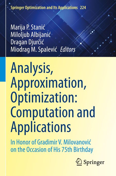Text zu mathematischen Themen, gewidmet Gradimir V. Milovanovićs 75. Geburtstag. Abstrakte blaue Muster im Hintergrund.