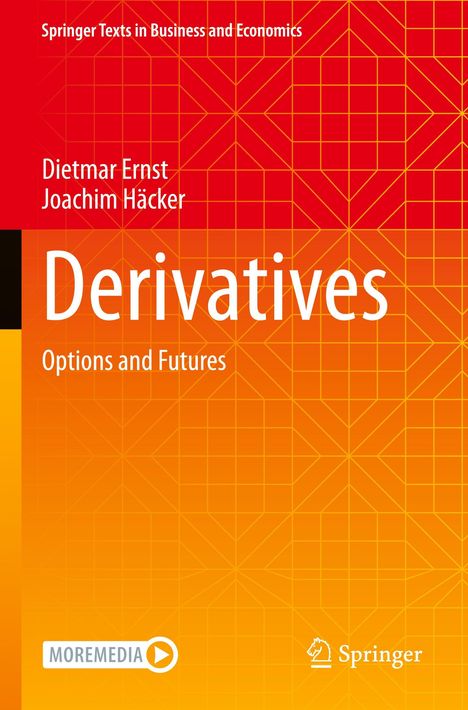 Der Text "Derivatives: Options and Futures" auf einem orangeroten Hintergrund mit geometrischem Muster.