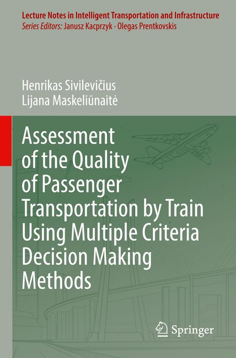 Buchtitel: "Assessment of the Quality of Passenger Transportation by Train". Technische Zeichnung von Flugzeug und Brücke.