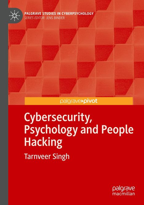 "Cybersecurity, Psychology and People Hacking" von Tarnveer Singh. Roter Hintergrund mit geometrischem Muster.