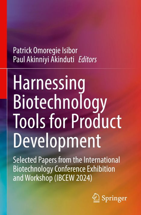 Text: "Harnessing Biotechnology Tools for Product Development." Bunte, abstrakte Farbverläufe und ein Springer-Logo.