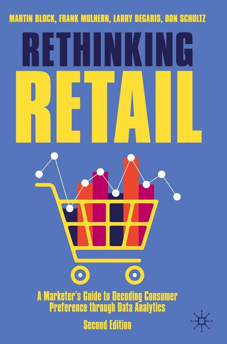 Buchtitel: "Rethinking Retail". Einkaufswagen mit Balkendiagramm, blaue Hintergrundfläche.