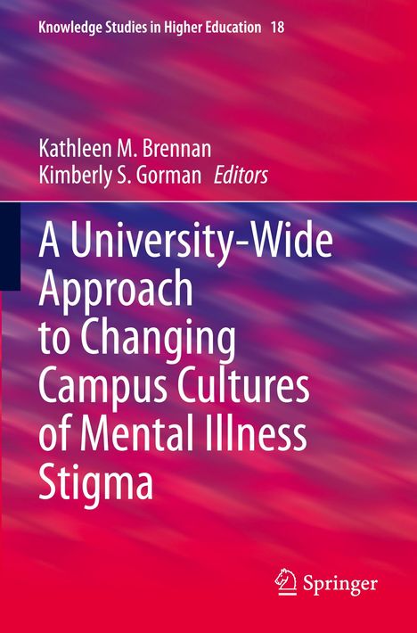 Titel: A University-Wide Approach to Changing Campus Cultures of Mental Illness Stigma. Autoren: Kathleen M. Brennan, Kimberly S. Gorman. Springer-Logo unten rechts auf einem lila-roten Hintergrund.