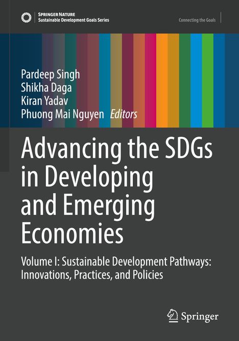 "Advancing the SDGs in Developing and Emerging Economies" steht groß. Bunte vertikale Streifen und ein Logo oben links.