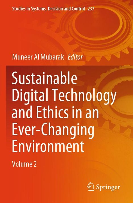 Covertext: Sustainable Digital Technology and Ethics in an Ever-Changing Environment, Volume 2. Orange Hintergrund, Zahnräder.