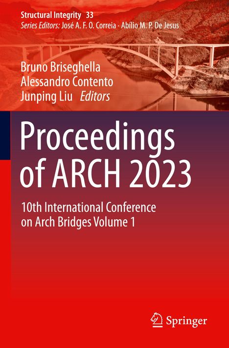 "Proceedings of ARCH 2023, 10th International Conference on Arch Bridges Volume 1", roter Hintergrund, stilisierte Brücke.