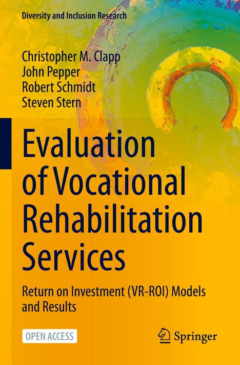 Text: "Evaluation of Vocational Rehabilitation Services. Return on Investment Models and Results. Open Access." Buntes Muster.