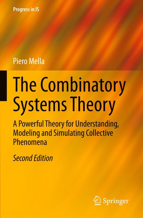 "The Combinatory Systems Theory" von Piero Mella, zweite Ausgabe. Gelbes Cover mit abstrakten orangefarbenen Streifen. Springer-Logo unten.