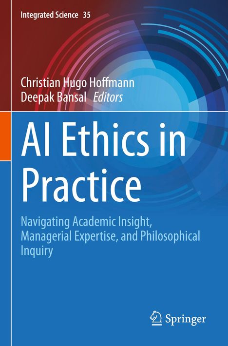 AI Ethics in Practice. Autoren: Christian Hugo Hoffmann, Deepak Bansal. Blaues Design mit geometrischen Mustern.