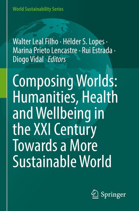 Ein grünes Cover zeigt Titel, Autoren und ein Springer-Logo. Text: "Composing Worlds: Humanities, Health and Wellbeing..."